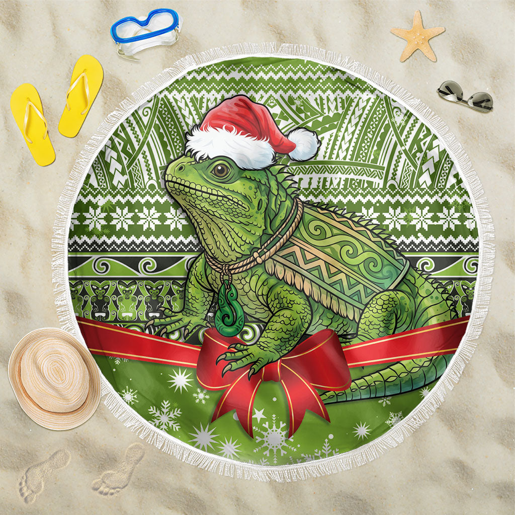 New Zealand Tuatara Christmas Beach Blanket Maori Inspired Knitted Patterns LT9 One Size 150cm Green - Polynesian Pride