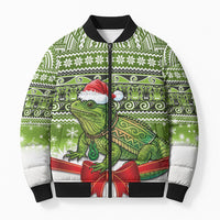 New Zealand Tuatara Christmas Bomber Puffer Jacket Maori Inspired Knitted Patterns LT9 Unisex Green - Polynesian Pride