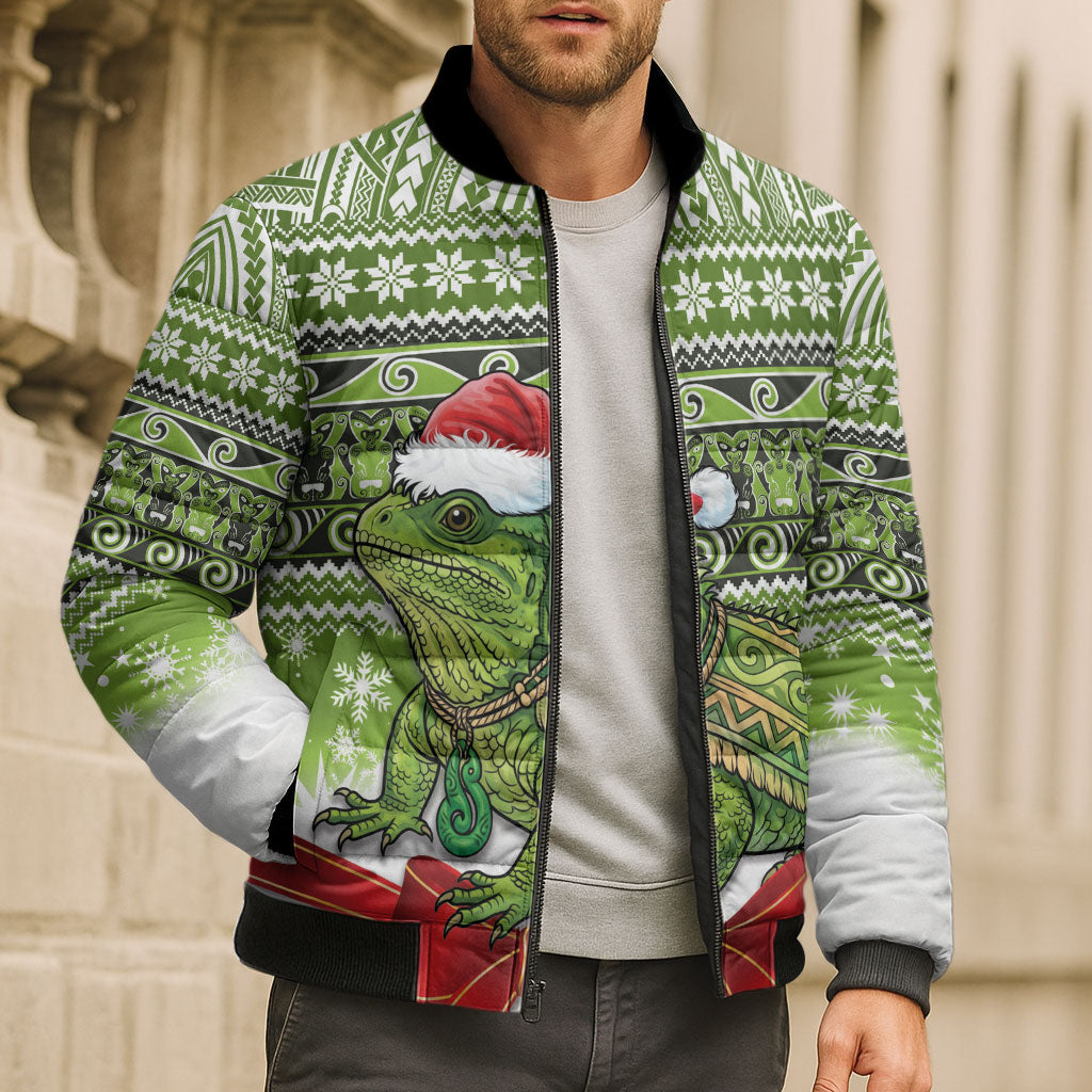 New Zealand Tuatara Christmas Bomber Puffer Jacket Maori Inspired Knitted Patterns LT9 - Polynesian Pride