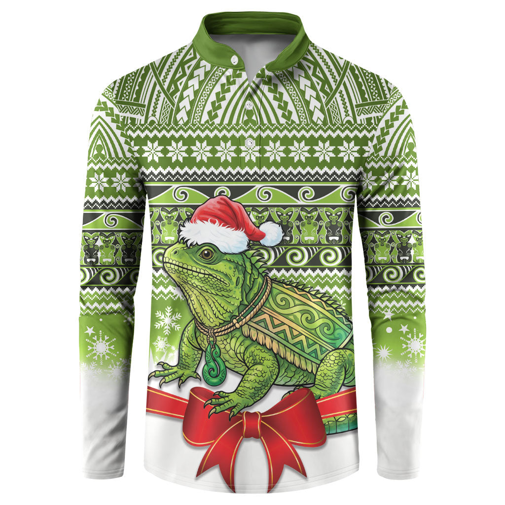 New Zealand Tuatara Christmas Button Sweatshirt Maori Inspired Knitted Patterns LT9 Green - Polynesian Pride