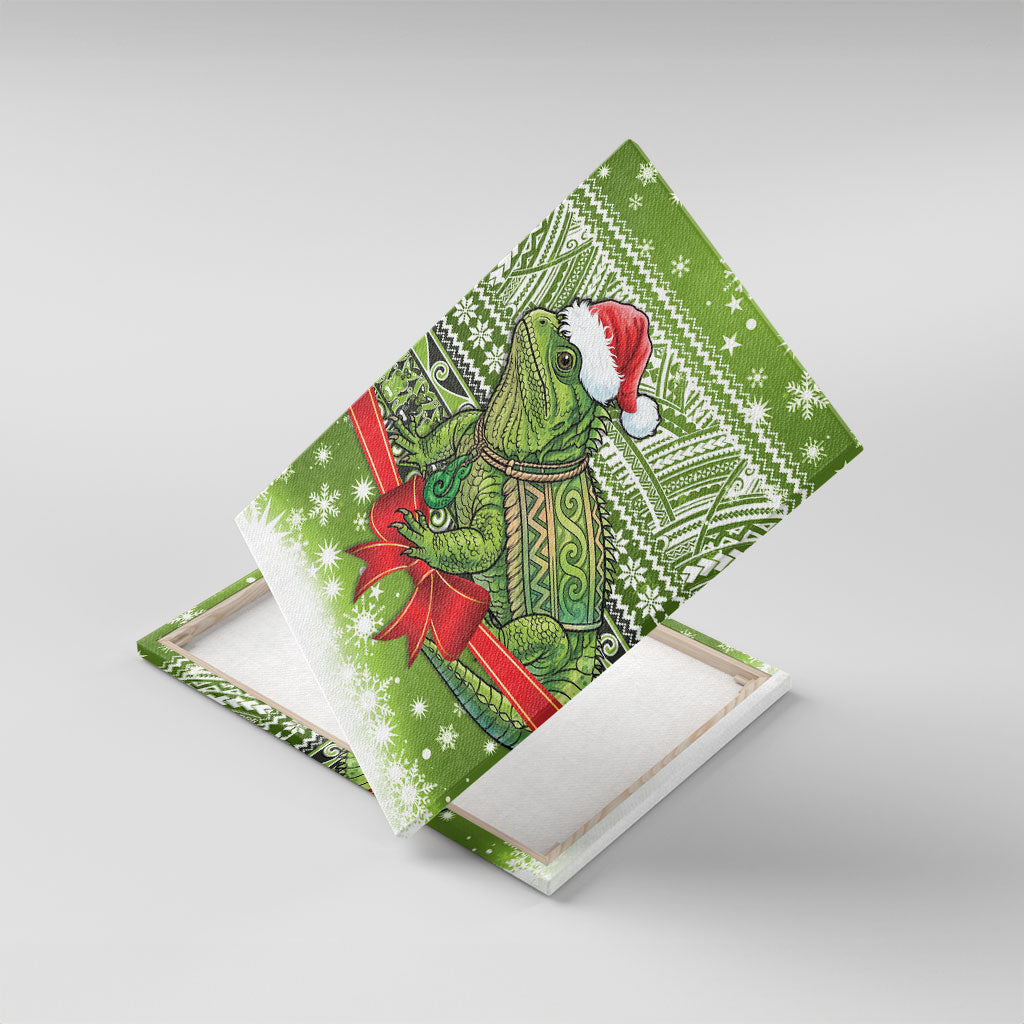 New Zealand Tuatara Christmas Canvas Wall Art Maori Inspired Knitted Patterns LT9 With Frame Green - Polynesian Pride