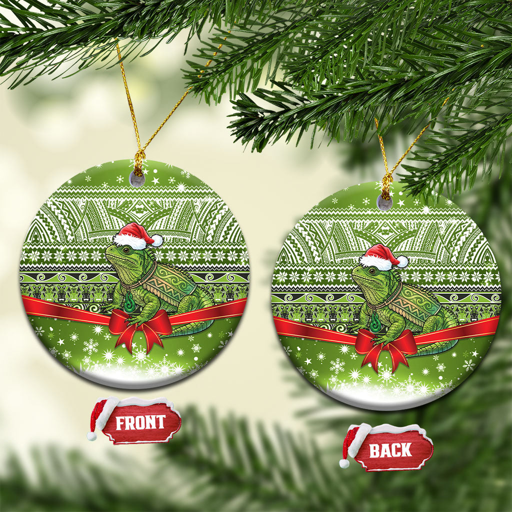 New Zealand Tuatara Christmas Ceramic Ornament Maori Inspired Knitted Patterns LT9 Circle Green - Polynesian Pride