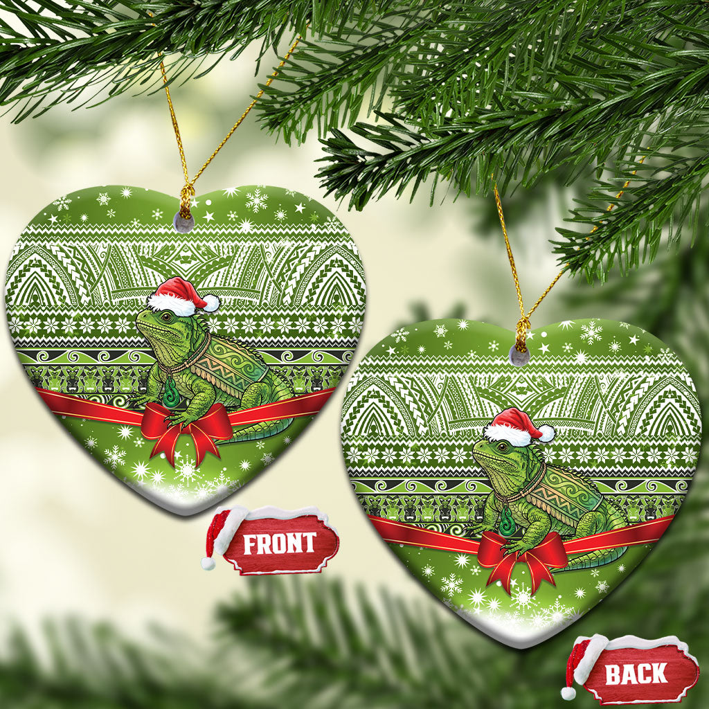New Zealand Tuatara Christmas Ceramic Ornament Maori Inspired Knitted Patterns LT9 Heart Green - Polynesian Pride