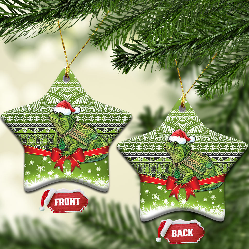 New Zealand Tuatara Christmas Ceramic Ornament Maori Inspired Knitted Patterns LT9 Star Green - Polynesian Pride