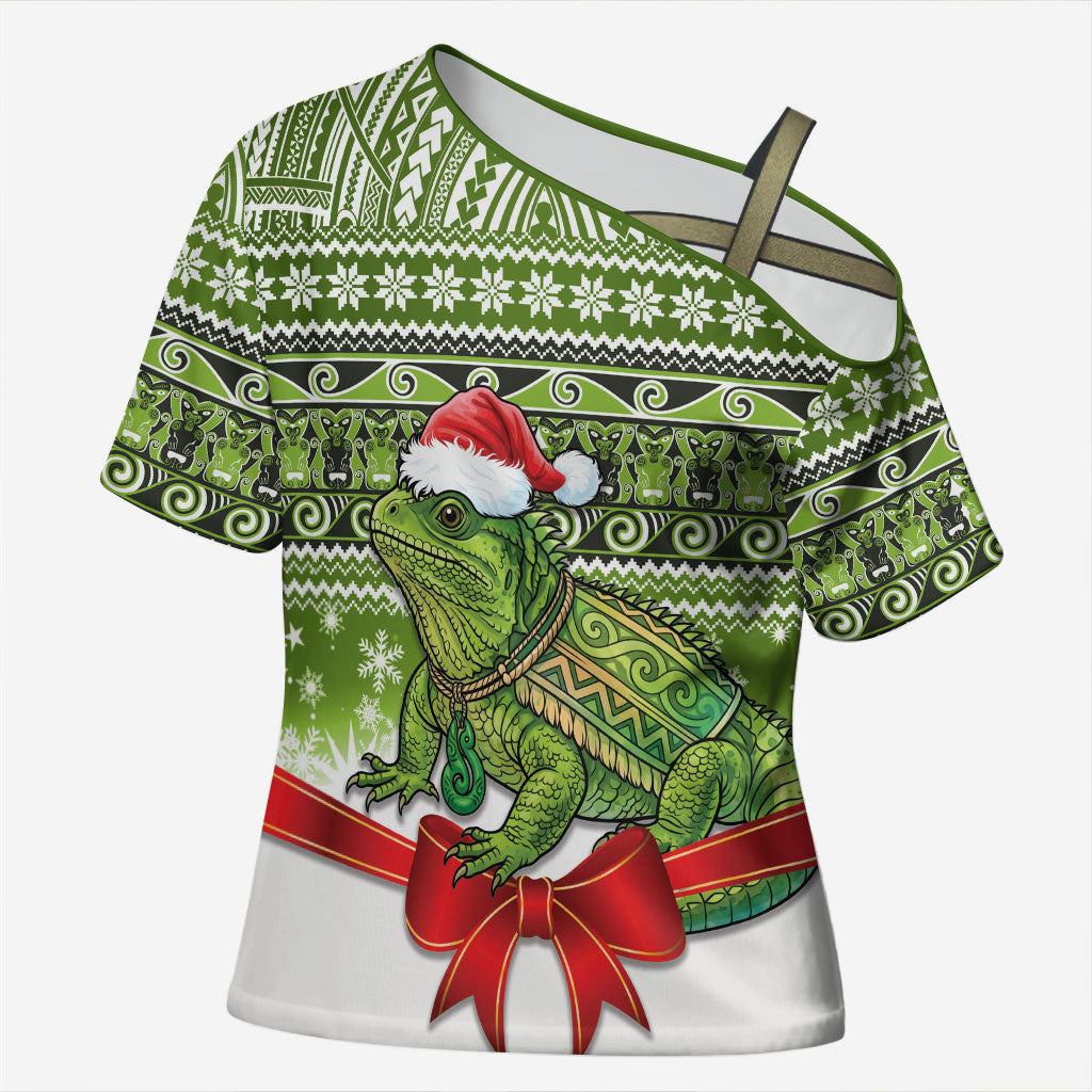 New Zealand Tuatara Christmas Cross Shoulder Shirt Maori Inspired Knitted Patterns LT9 Female Green - Polynesian Pride