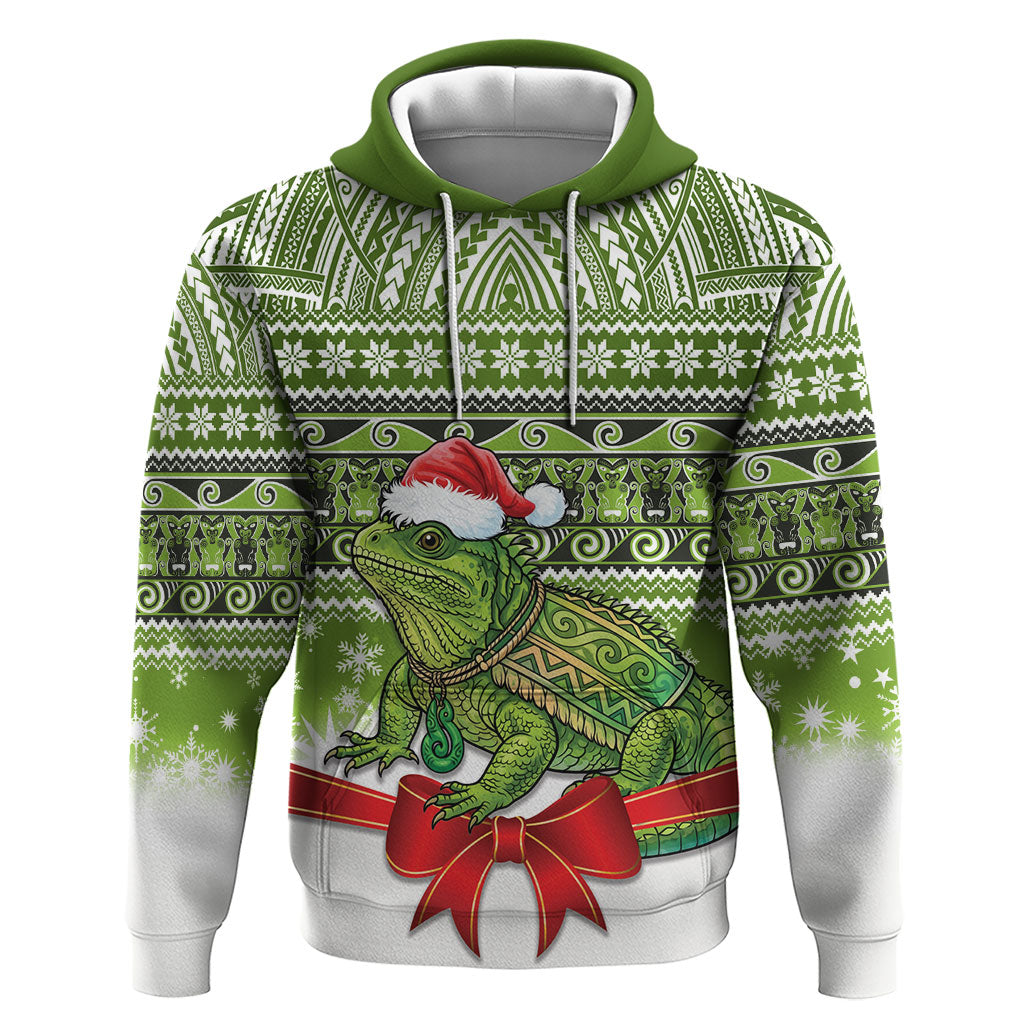 New Zealand Tuatara Christmas Hoodie Maori Inspired Knitted Patterns LT9 Pullover Hoodie Green - Polynesian Pride