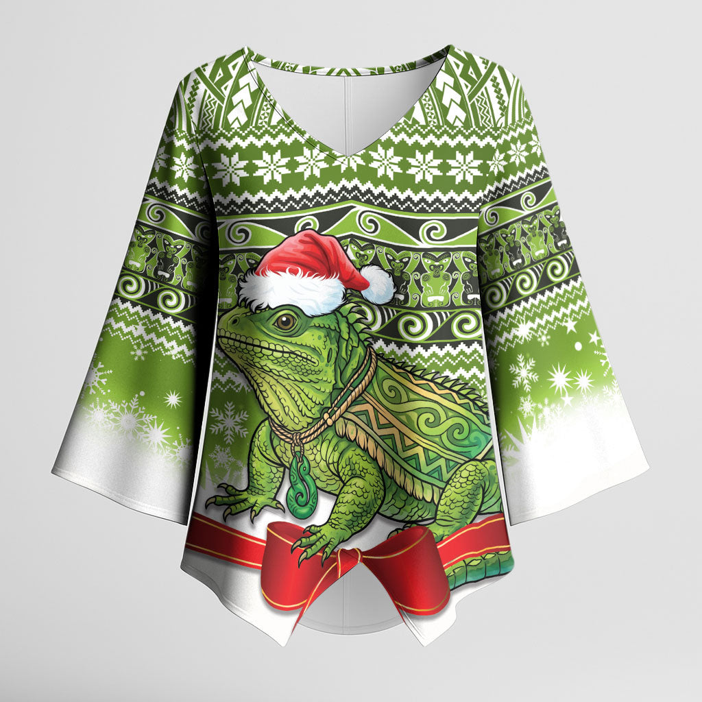 New Zealand Tuatara Christmas Kimono Sleeve Blouse Maori Inspired Knitted Patterns LT9 Female Green - Polynesian Pride