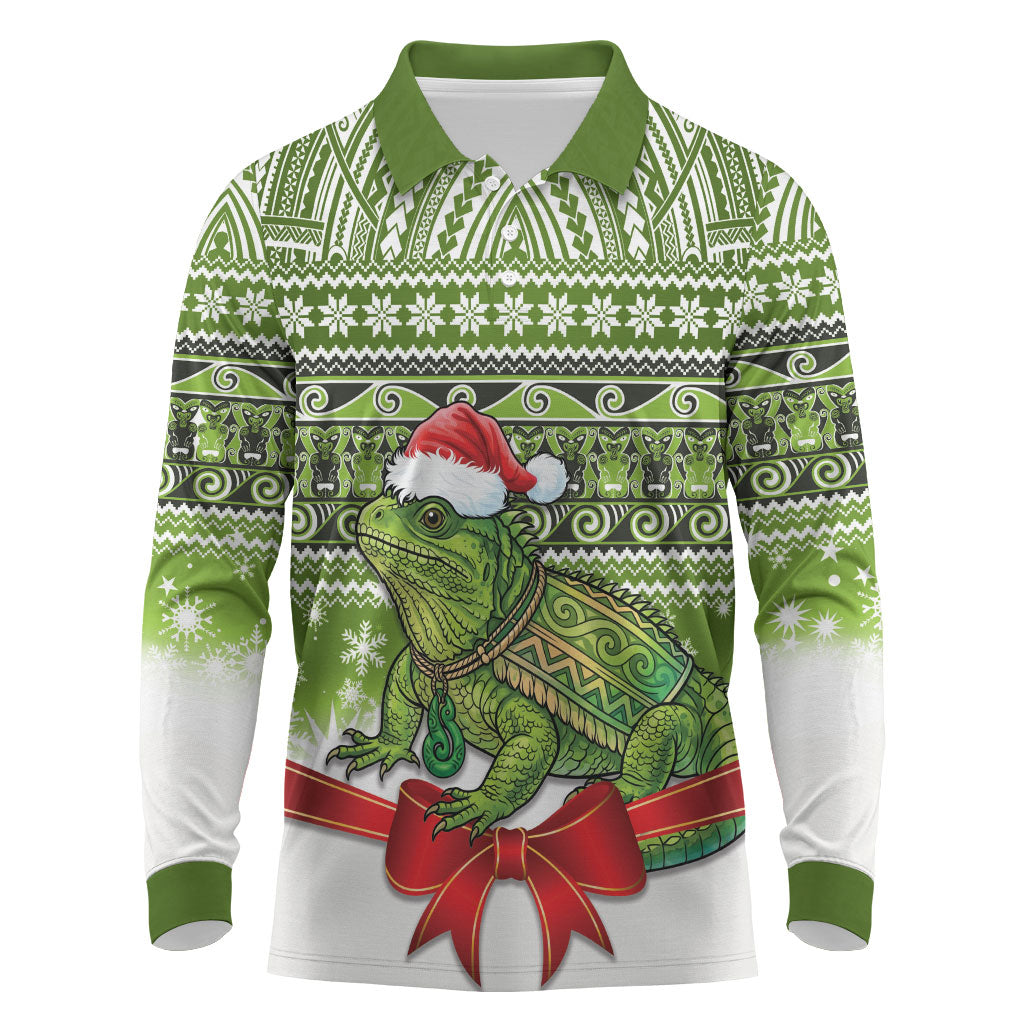 New Zealand Tuatara Christmas Long Sleeve Polo Shirt Maori Inspired Knitted Patterns LT9 Green - Polynesian Pride