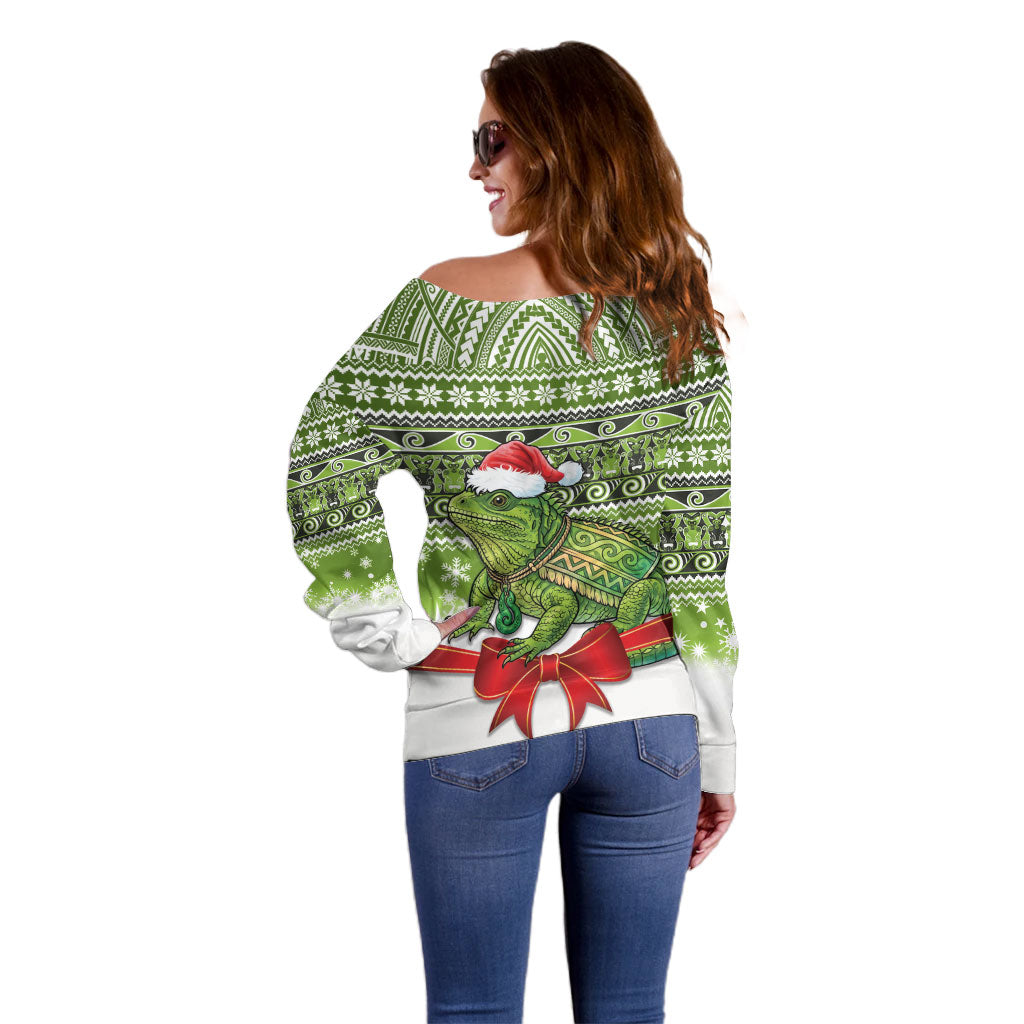 New Zealand Tuatara Christmas Off Shoulder Sweater Maori Inspired Knitted Patterns LT9 - Polynesian Pride