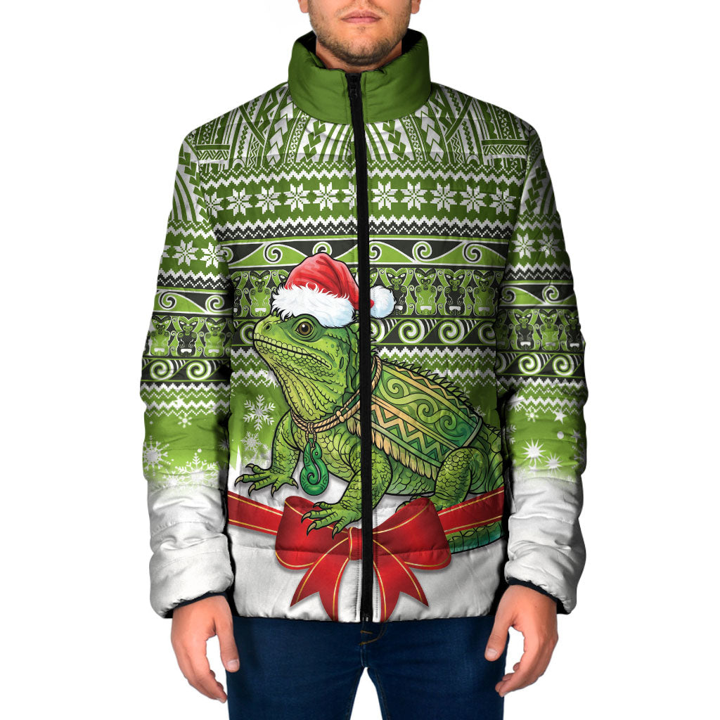 New Zealand Tuatara Christmas Padded Jacket Maori Inspired Knitted Patterns LT9 Men Green - Polynesian Pride