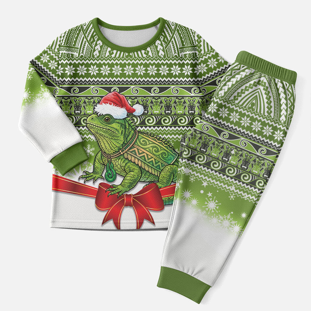 New Zealand Tuatara Christmas Pajama Set Maori Inspired Knitted Patterns LT9 Men Green - Polynesian Pride