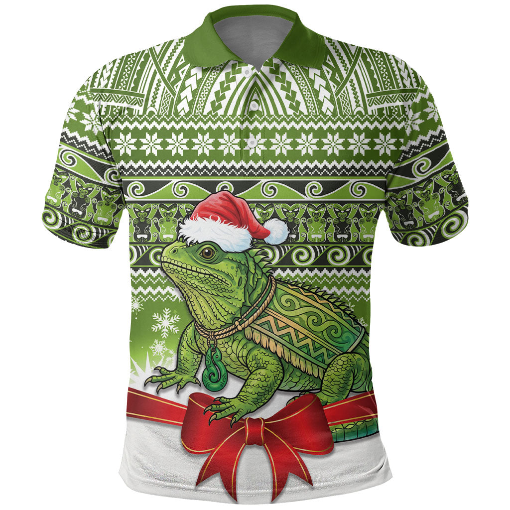 New Zealand Tuatara Christmas Polo Shirt Maori Inspired Knitted Patterns LT9 Green - Polynesian Pride