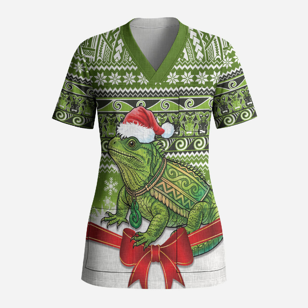 New Zealand Tuatara Christmas Scrub Top Maori Inspired Knitted Patterns LT9 Adult Green - Polynesian Pride