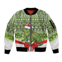 New Zealand Tuatara Christmas Sleeve Zip Bomber Jacket Maori Inspired Knitted Patterns LT9 Unisex Green - Polynesian Pride