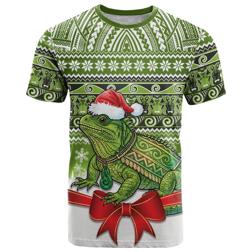 New Zealand Tuatara Christmas T Shirt Maori Inspired Knitted Patterns LT9 Green - Polynesian Pride