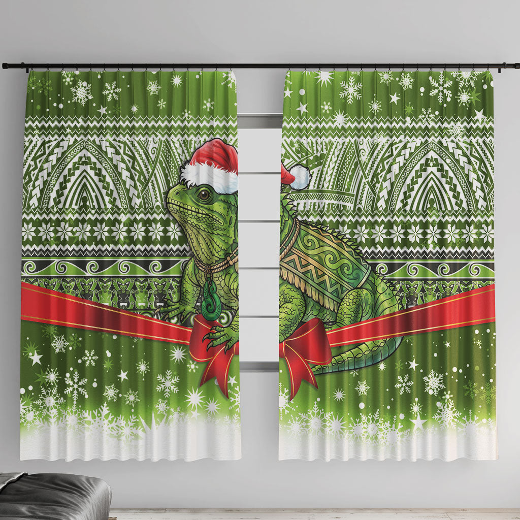 New Zealand Tuatara Christmas Window Curtain Maori Inspired Knitted Patterns LT9 With Hooks Green - Polynesian Pride