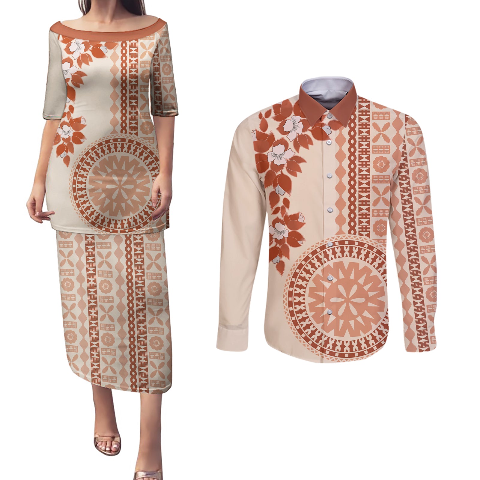 Fiji Tagimoucia Flower With Tapa Tribal Couples Matching Puletasi Dress and Long Sleeve Button Shirt Beige Color LT9 Beige - Polynesian Pride