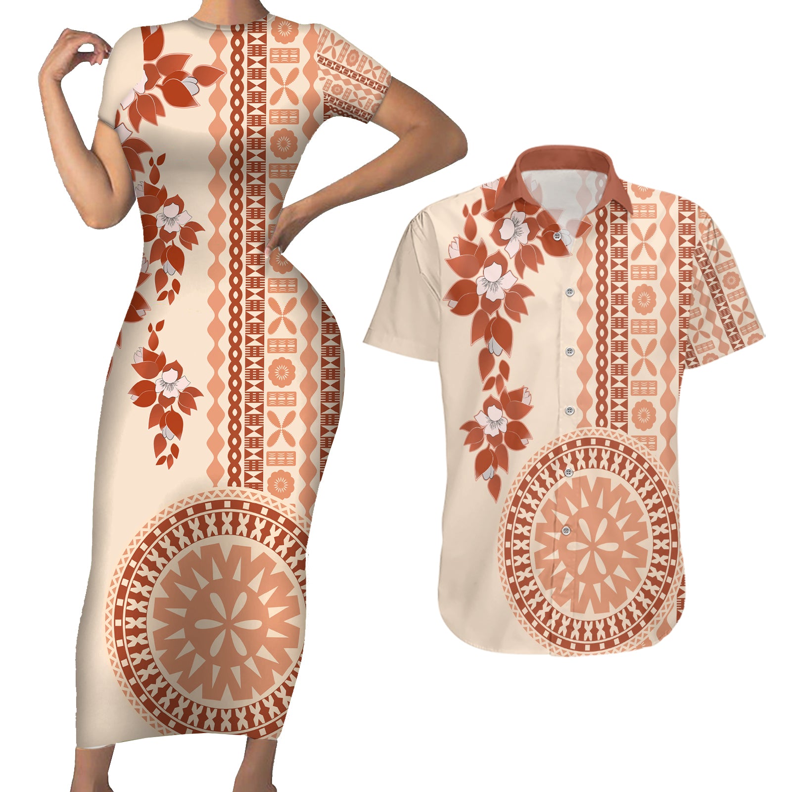 Fiji Tagimoucia Flower With Tapa Tribal Couples Matching Short Sleeve Bodycon Dress and Hawaiian Shirt Beige Color LT9 Beige - Polynesian Pride