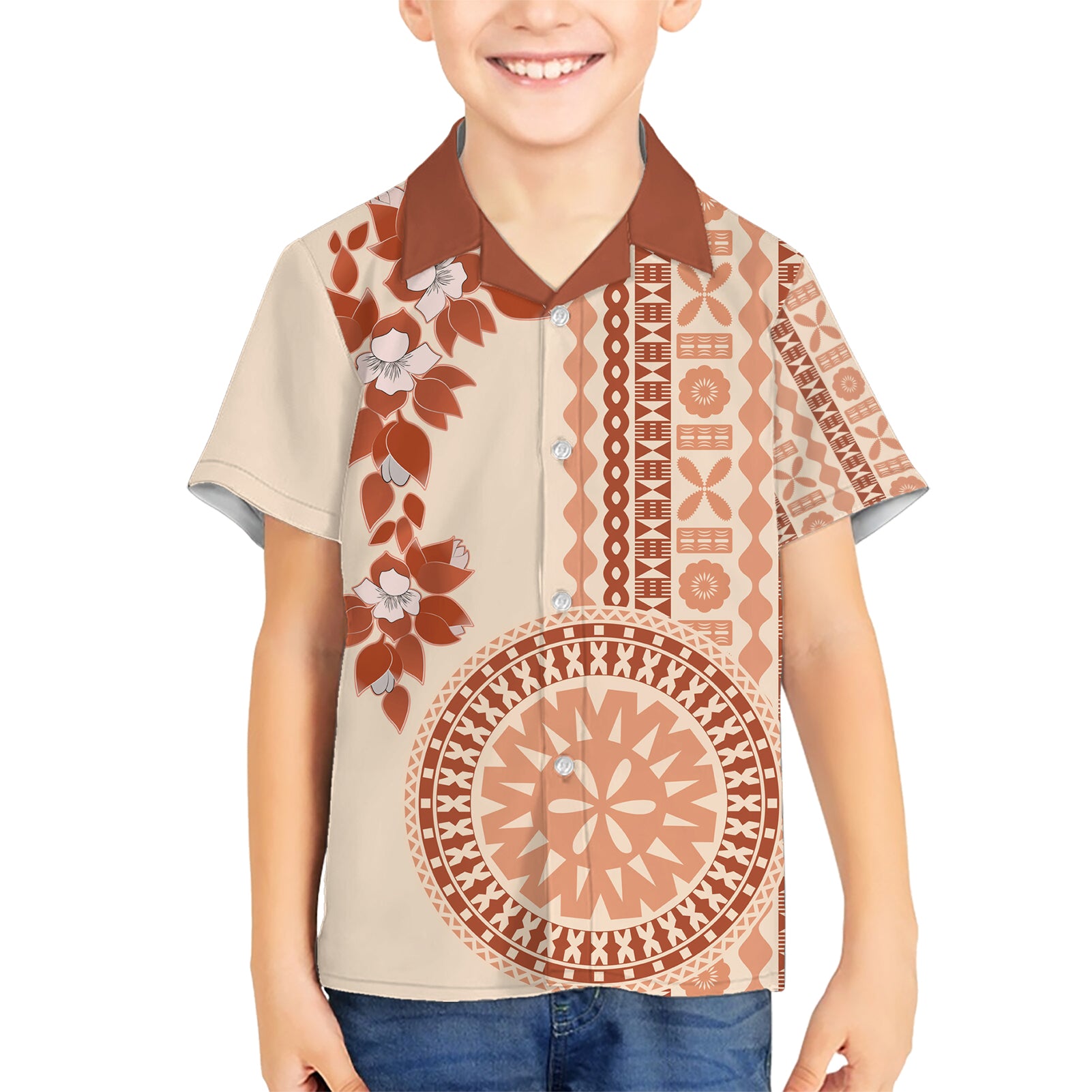 Fiji Tagimoucia Flower With Tapa Tribal Kid Hawaiian Shirt Beige Color LT9 Kid Beige - Polynesian Pride