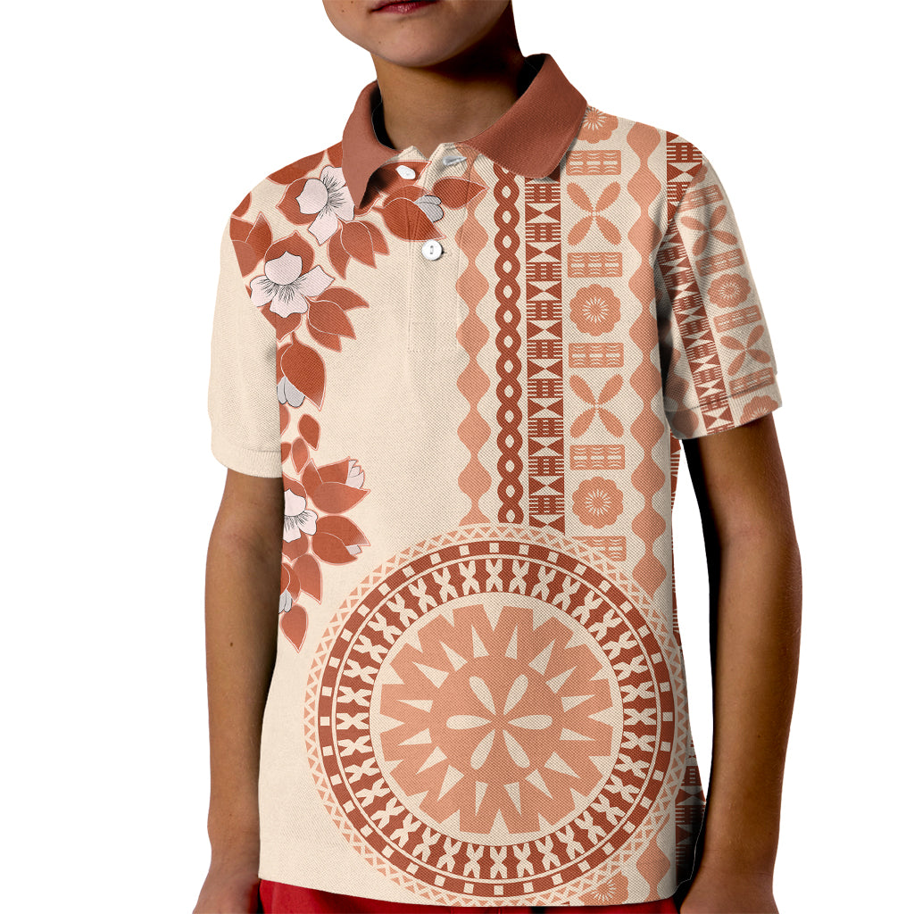 Fiji Tagimoucia Flower With Tapa Tribal Kid Polo Shirt Beige Color LT9 Kid Beige - Polynesian Pride