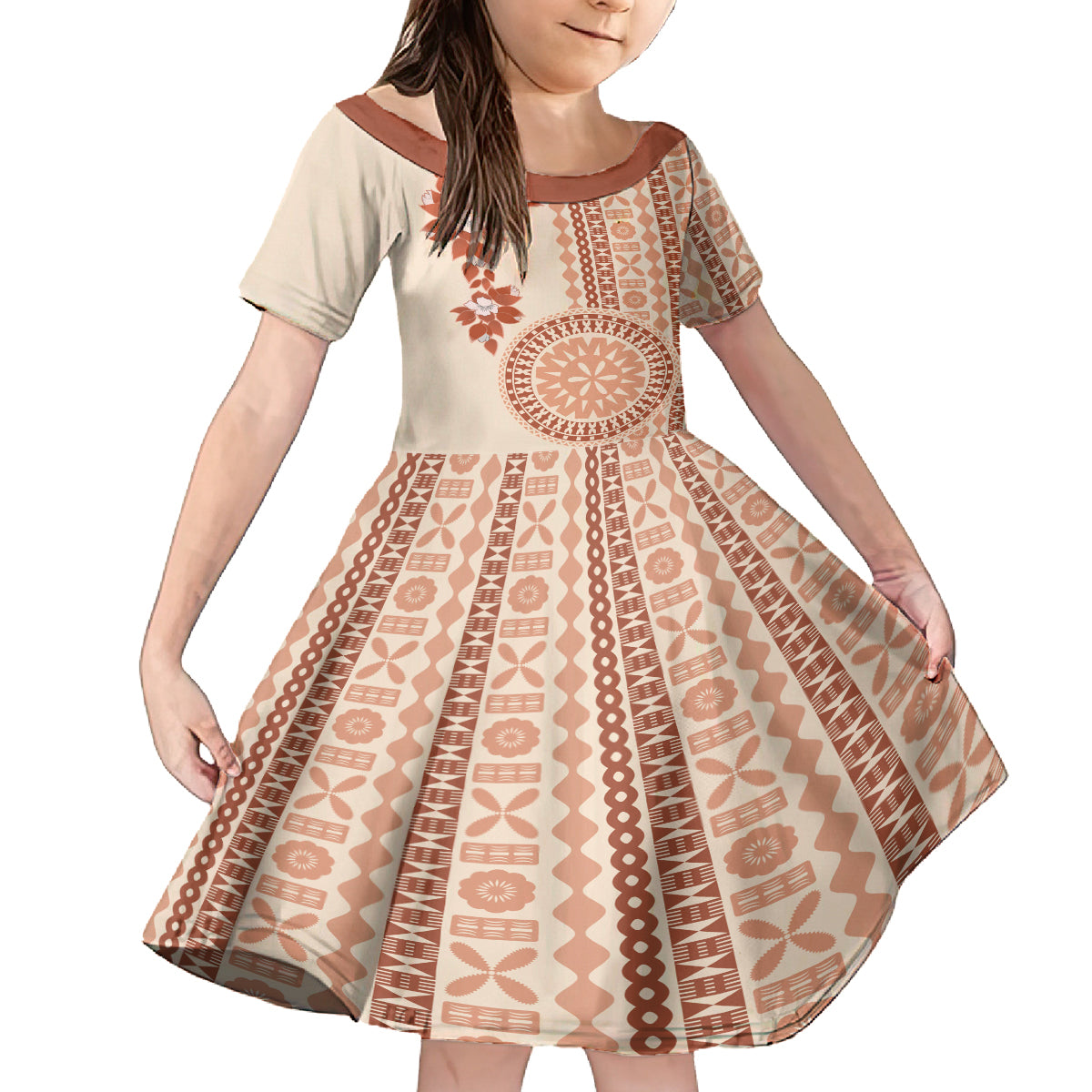 Fiji Tagimoucia Flower With Tapa Tribal Kid Short Sleeve Dress Beige Color LT9 KID Beige - Polynesian Pride