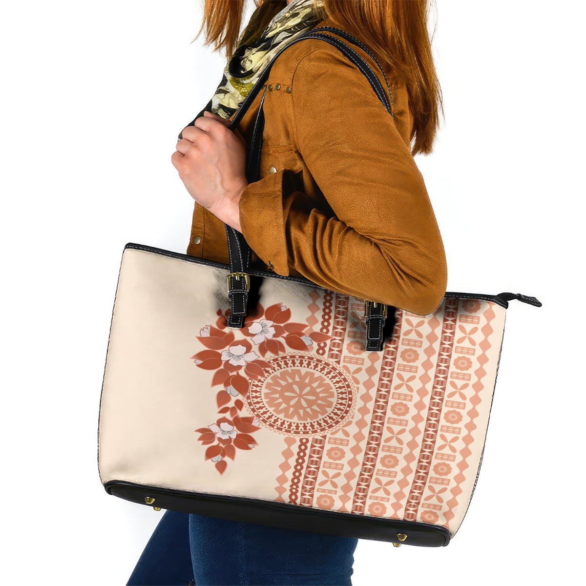 Fiji Tagimoucia Flower With Tapa Tribal Leather Tote Bag Beige Color LT9 Beige - Polynesian Pride