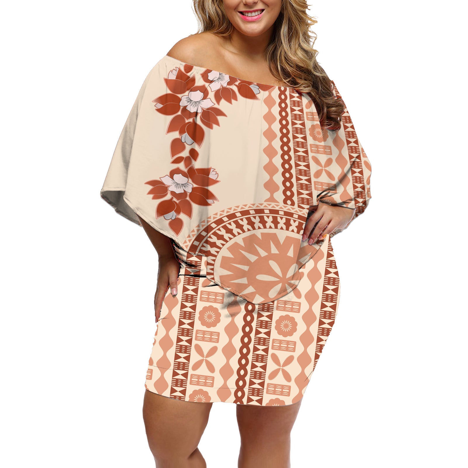 Fiji Tagimoucia Flower With Tapa Tribal Off Shoulder Short Dress Beige Color LT9 Women Beige - Polynesian Pride