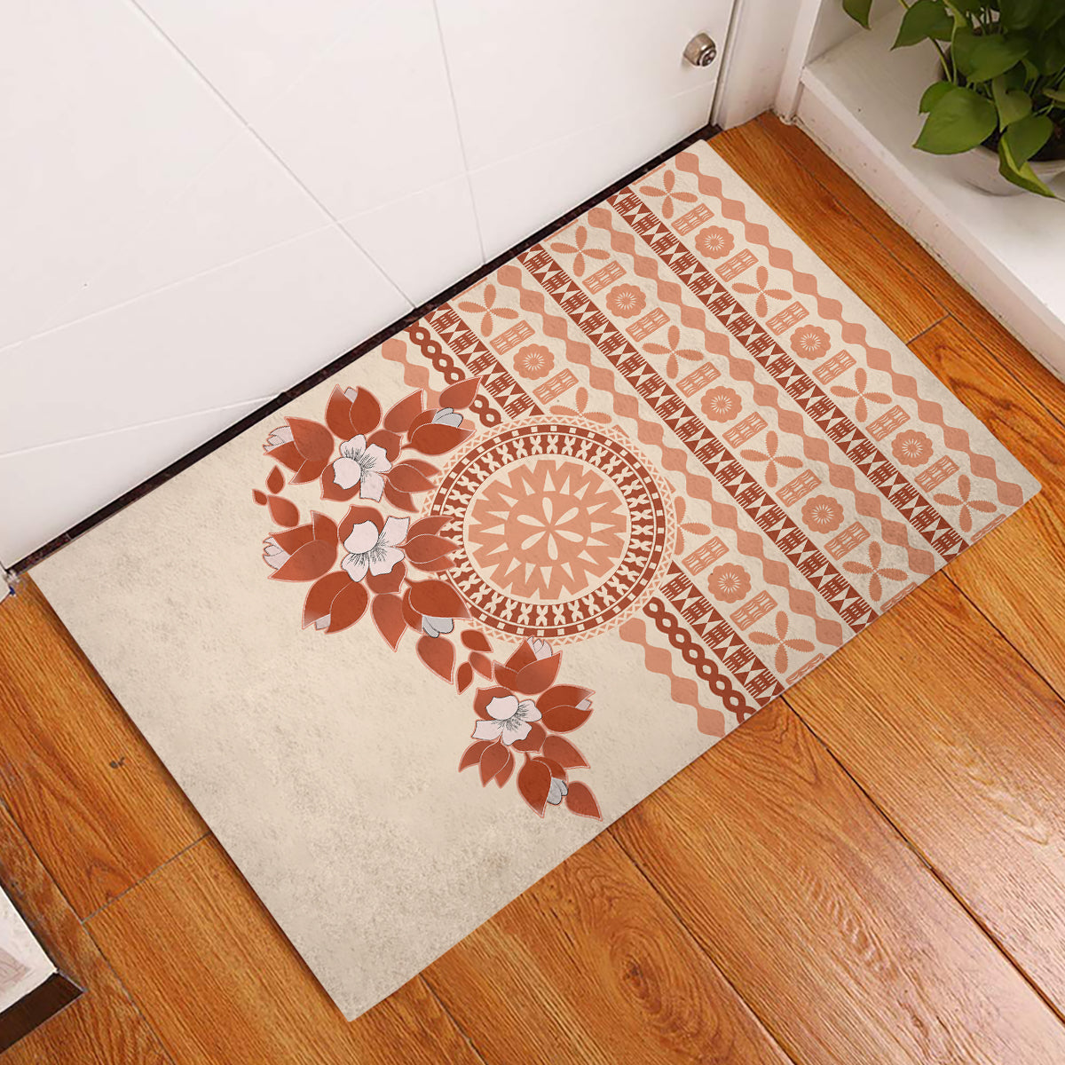 Fiji Tagimoucia Flower With Tapa Tribal Rubber Doormat Beige Color LT9 Beige - Polynesian Pride