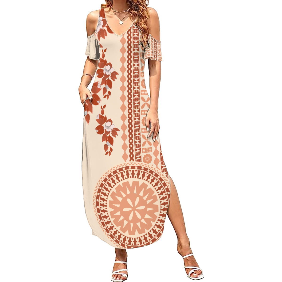 Fiji Tagimoucia Flower With Tapa Tribal Summer Maxi Dress Beige Color LT9 Women Beige - Polynesian Pride