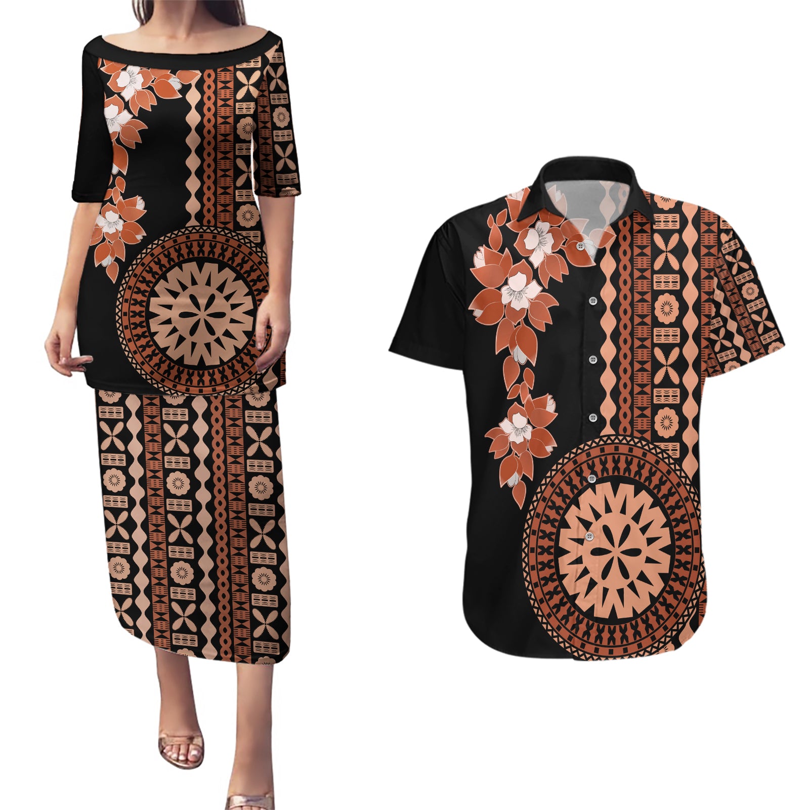 Fiji Tagimoucia Flower With Tapa Tribal Couples Matching Puletasi Dress and Hawaiian Shirt Brown Color LT9 Brown - Polynesian Pride