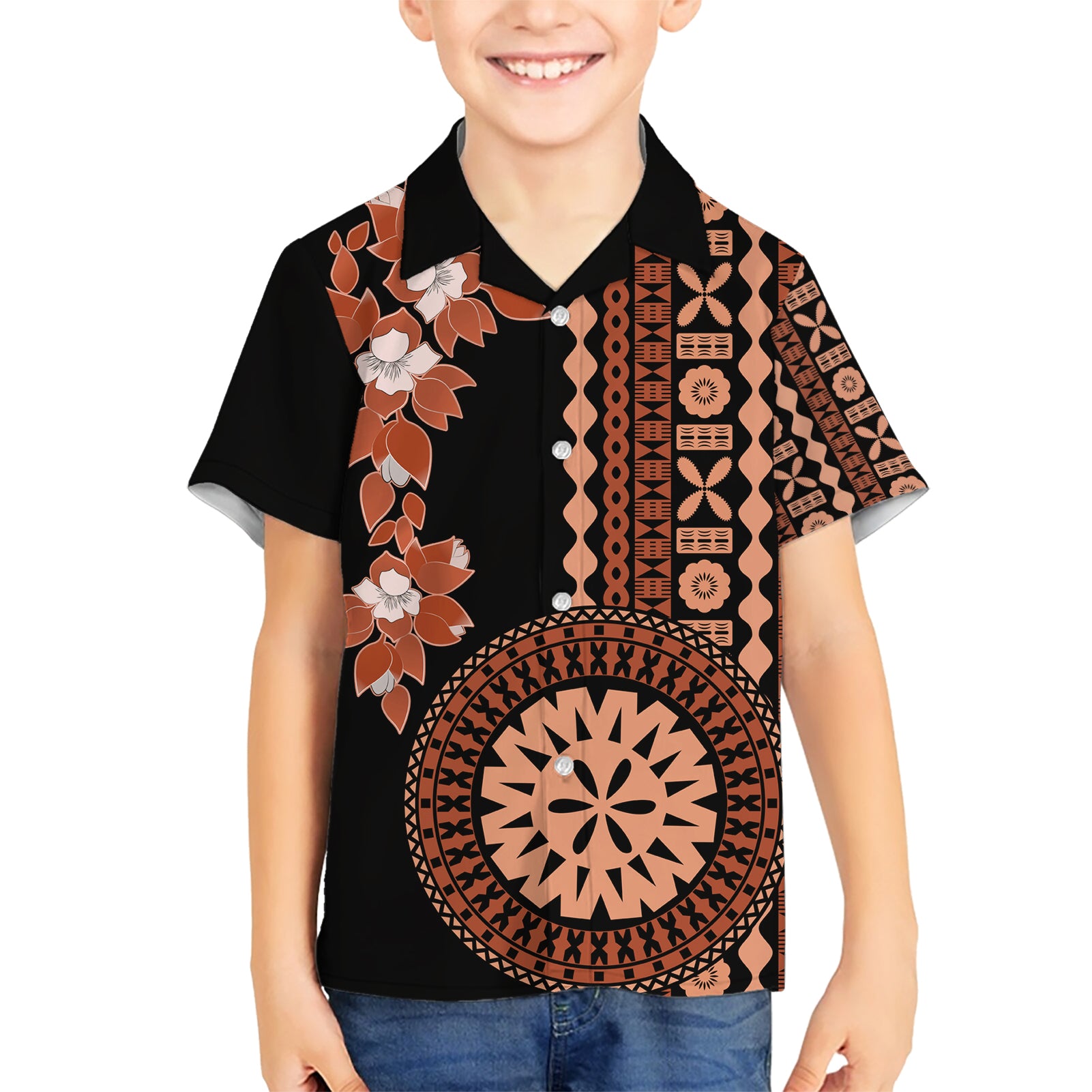 Fiji Tagimoucia Flower With Tapa Tribal Kid Hawaiian Shirt Brown Color LT9 Kid Brown - Polynesian Pride