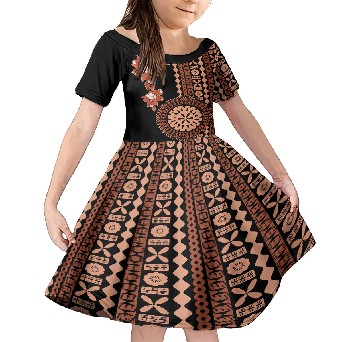 Fiji Tagimoucia Flower With Tapa Tribal Kid Short Sleeve Dress Brown Color LT9 KID Brown - Polynesian Pride