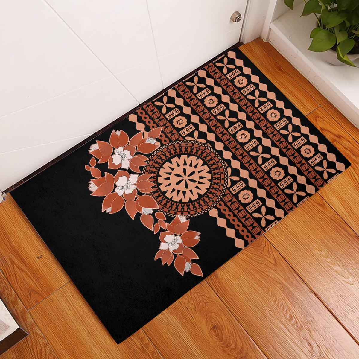 Fiji Tagimoucia Flower With Tapa Tribal Rubber Doormat Brown Color LT9 Brown - Polynesian Pride