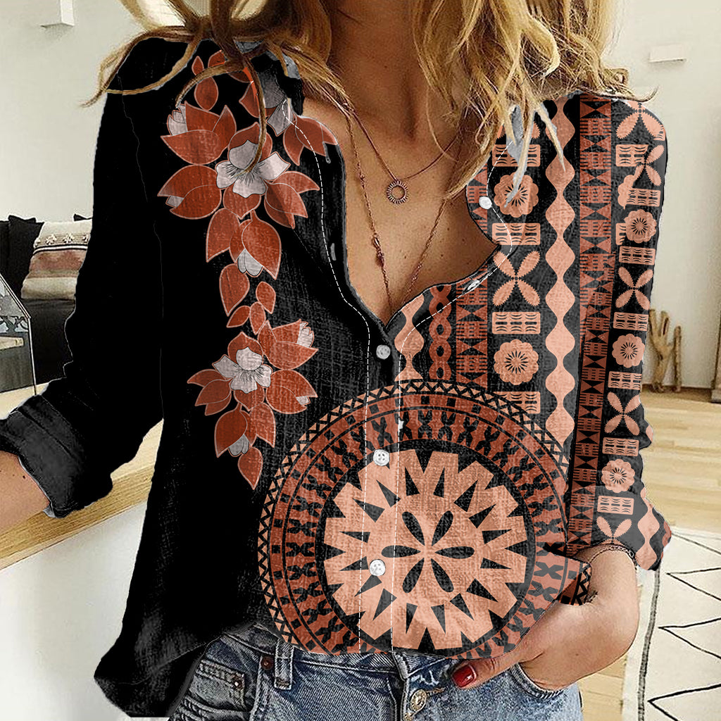 Fiji Tagimoucia Flower With Tapa Tribal Women Casual Shirt Brown Color LT9 Female Brown - Polynesian Pride