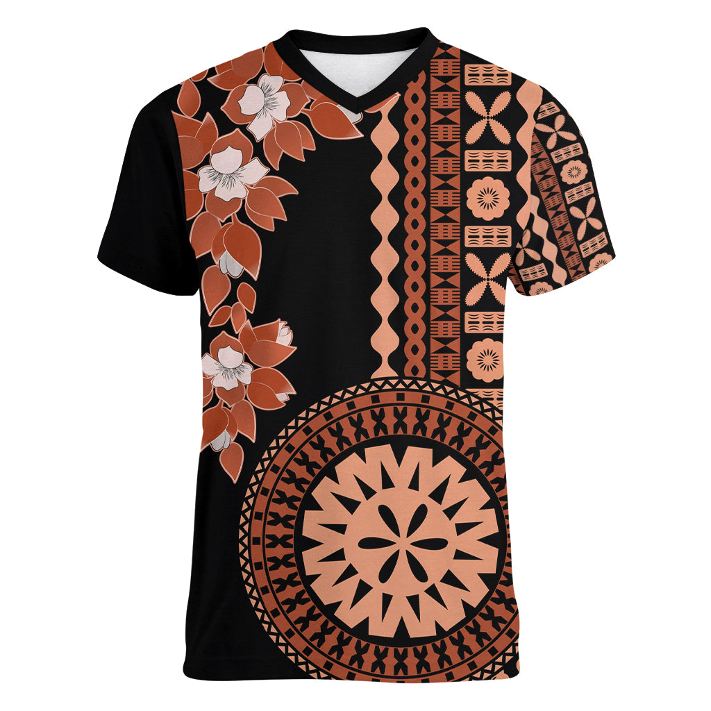 Fiji Tagimoucia Flower With Tapa Tribal Women V Neck T Shirt Brown Color LT9 Female Brown - Polynesian Pride