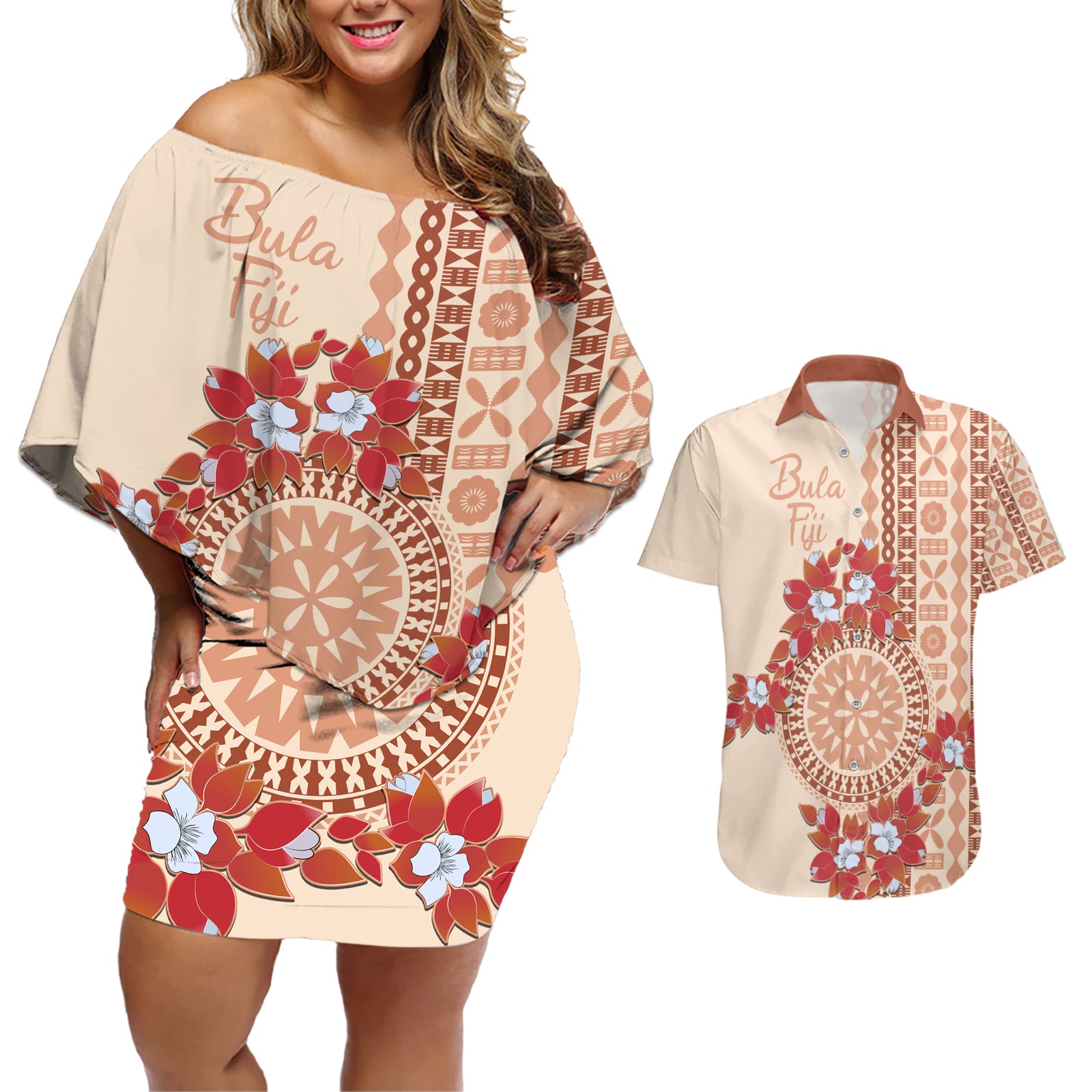 Bula Fiji Tagimoucia Flower Masi Tapa Tribal Couples Matching Off Shoulder Short Dress and Hawaiian Shirt Beige Color LT9 Beige - Polynesian Pride