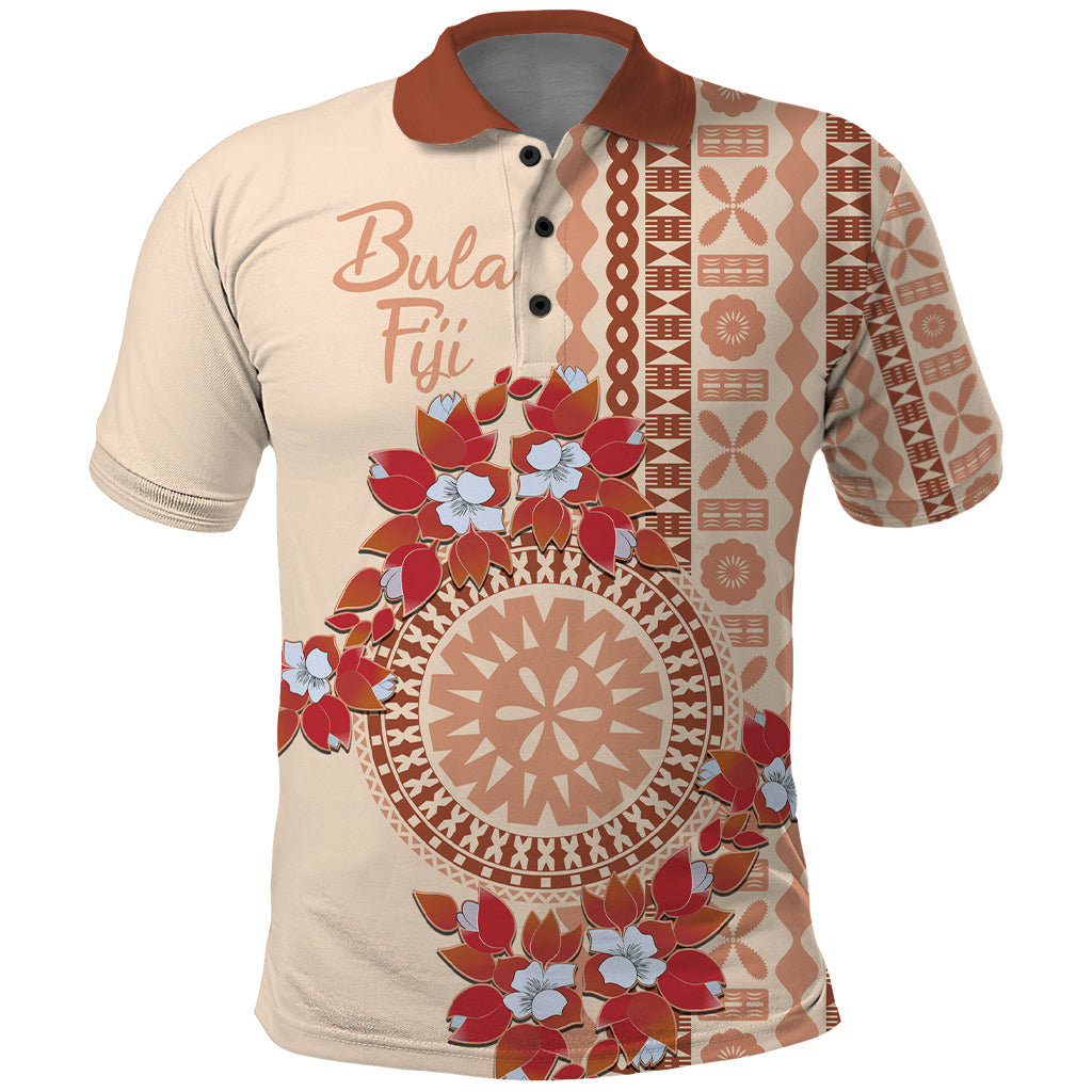 Bula Fiji Tagimoucia Flower Masi Tapa Tribal Polo Shirt Beige Color LT9 Beige - Polynesian Pride