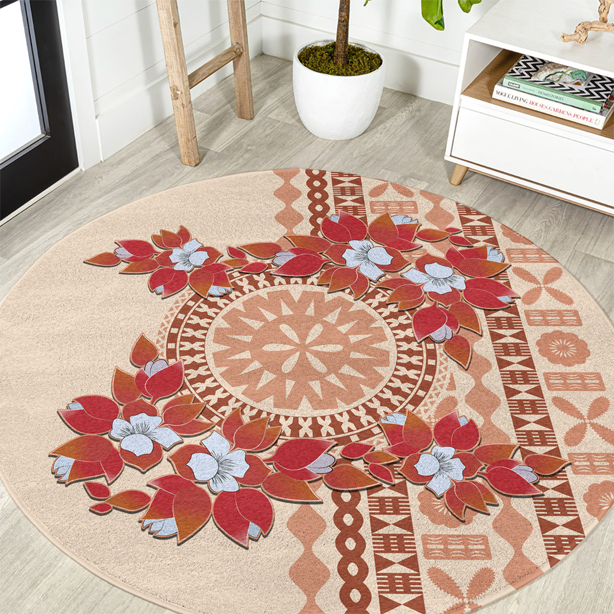 Bula Fiji Tagimoucia Flower Masi Tapa Tribal Round Carpet Beige Color LT9 Beige - Polynesian Pride