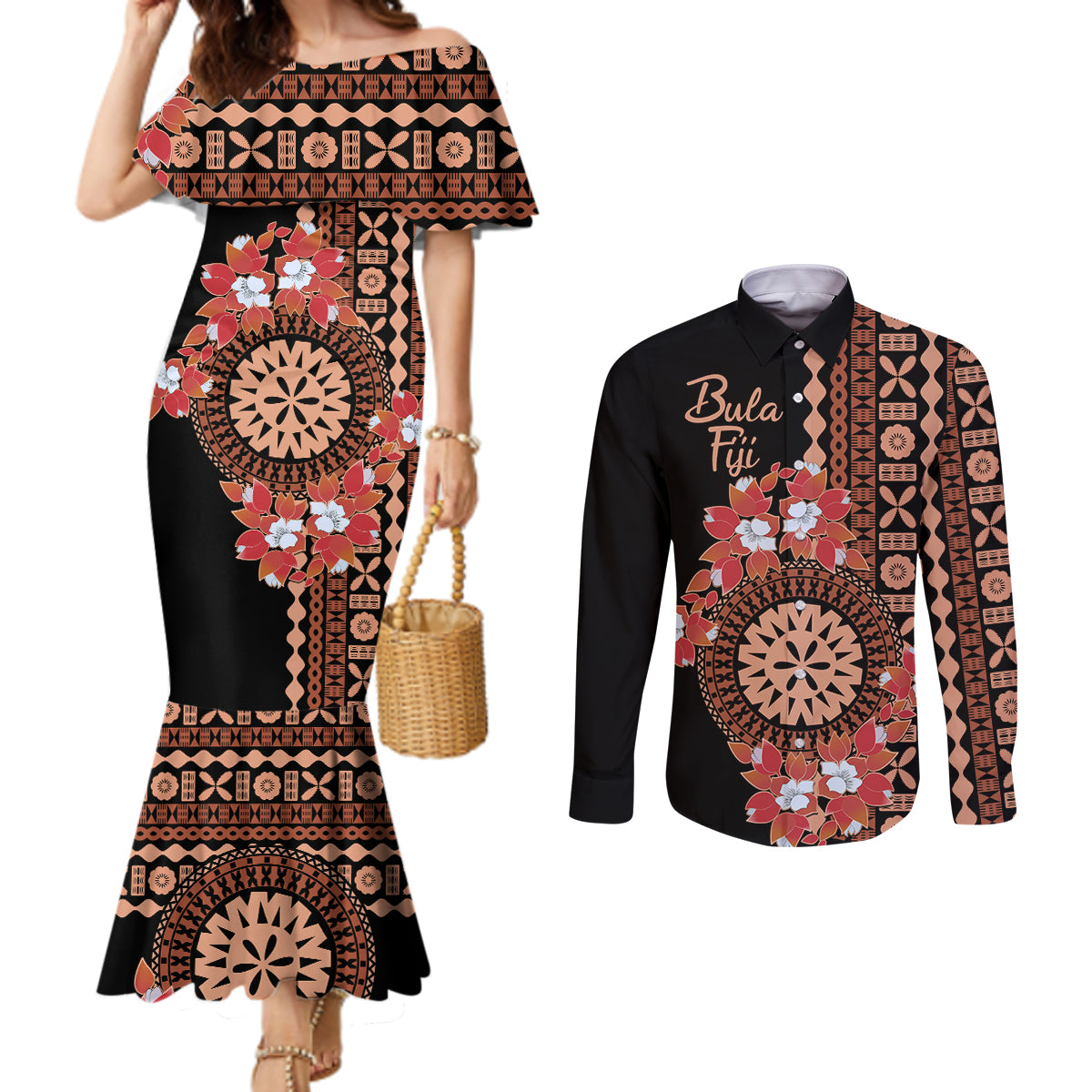 Bula Fiji Tagimoucia Flower Masi Tapa Tribal Couples Matching Mermaid Dress and Long Sleeve Button Shirt Brown Color LT9 Brown - Polynesian Pride