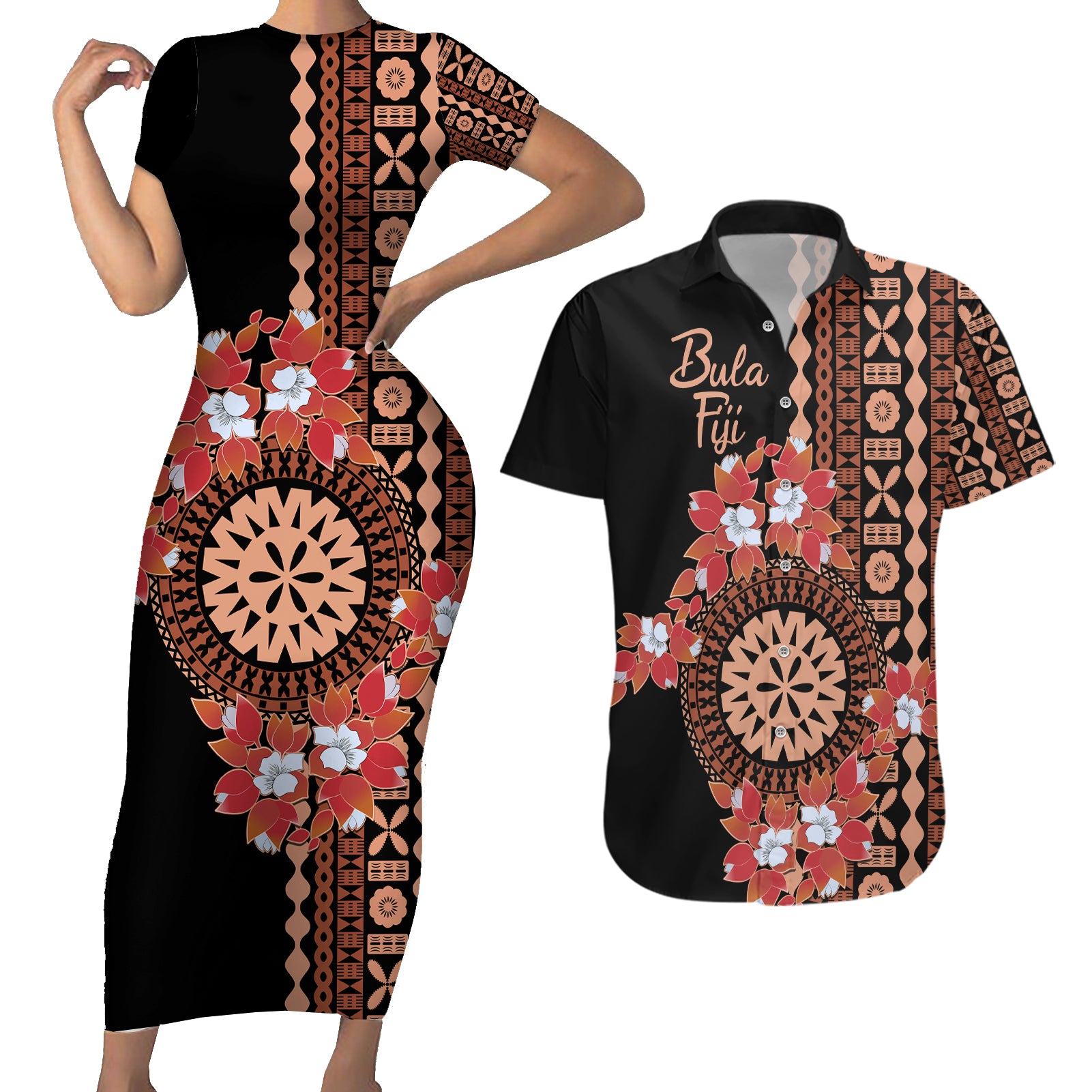 Bula Fiji Tagimoucia Flower Masi Tapa Tribal Couples Matching Short Sleeve Bodycon Dress and Hawaiian Shirt Brown Color LT9 Brown - Polynesian Pride