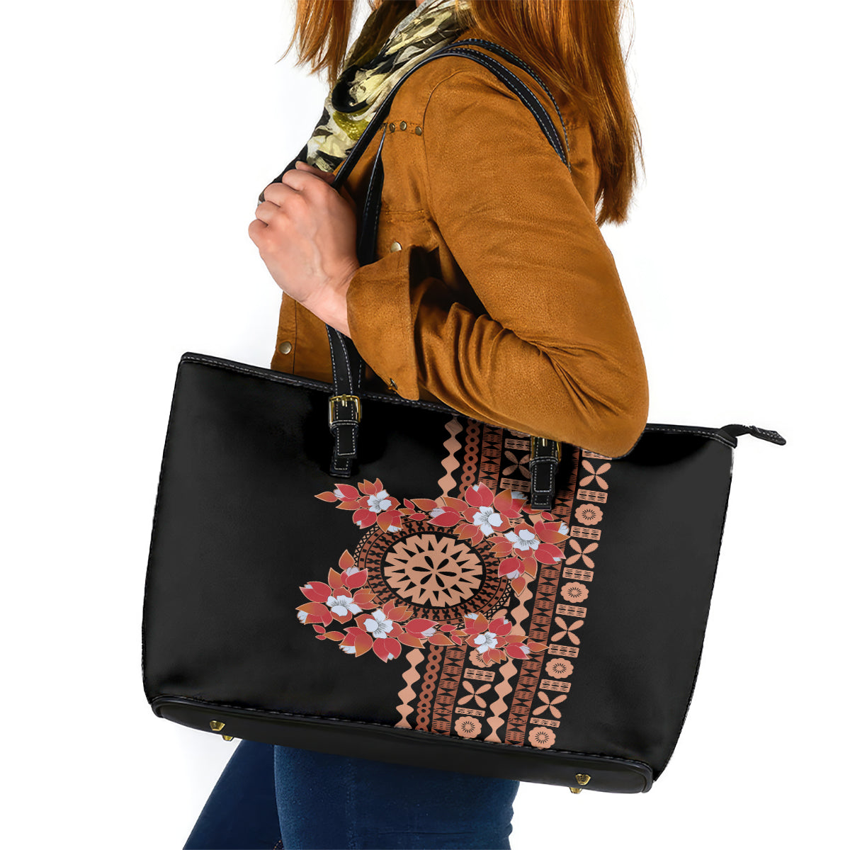 Bula Fiji Tagimoucia Flower Masi Tapa Tribal Leather Tote Bag Brown Color LT9 Brown - Polynesian Pride