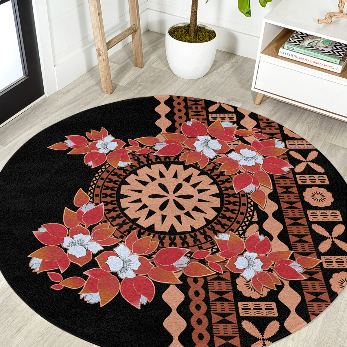 Bula Fiji Tagimoucia Flower Masi Tapa Tribal Round Carpet Brown Color LT9 Brown - Polynesian Pride