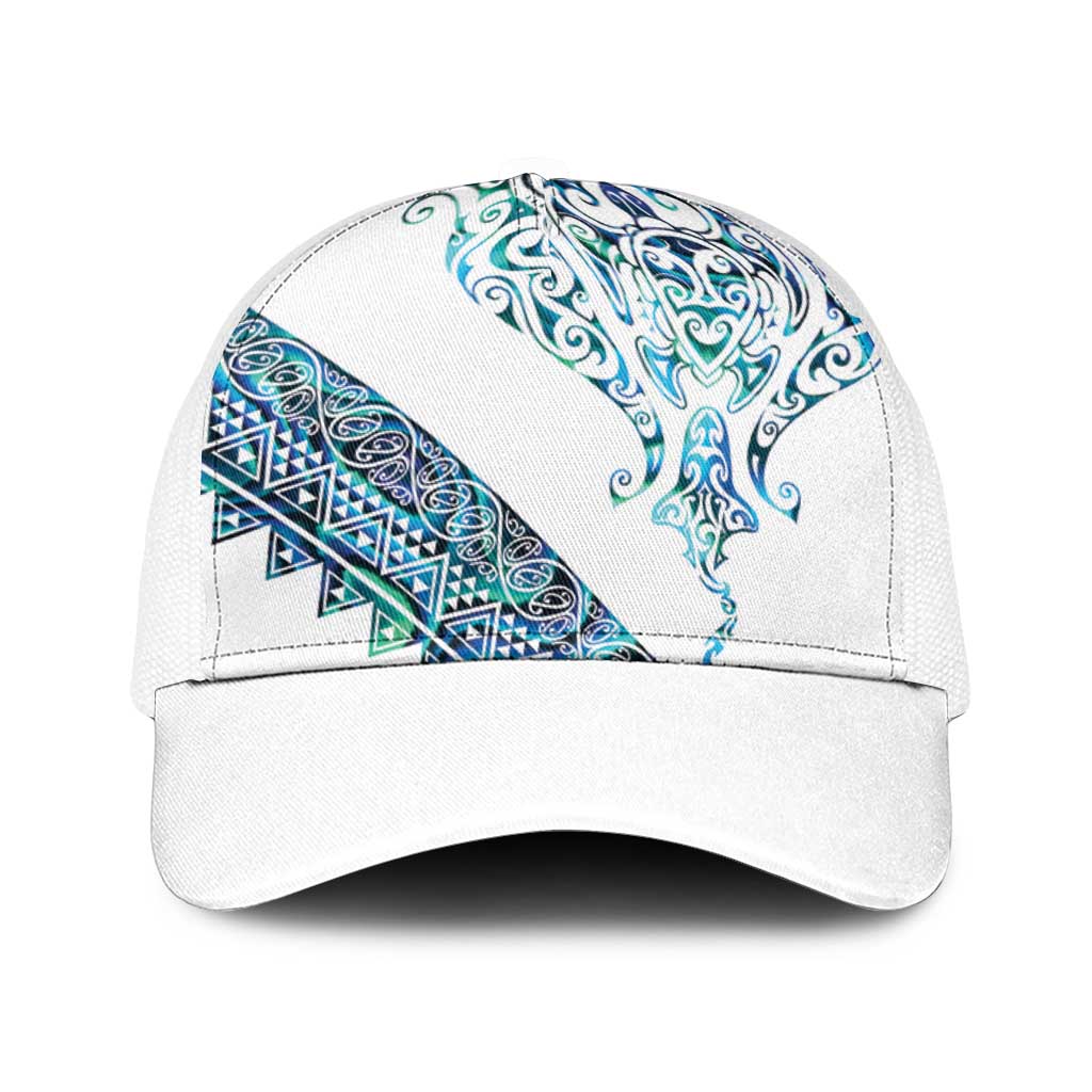 Kahui Whetu Paua shell Kowhaiwhai Taniko Baseball Net Cap Manta Ray Shark-Turtle Maori Tribal Style LT9 One Size White Blue - Polynesian Pride