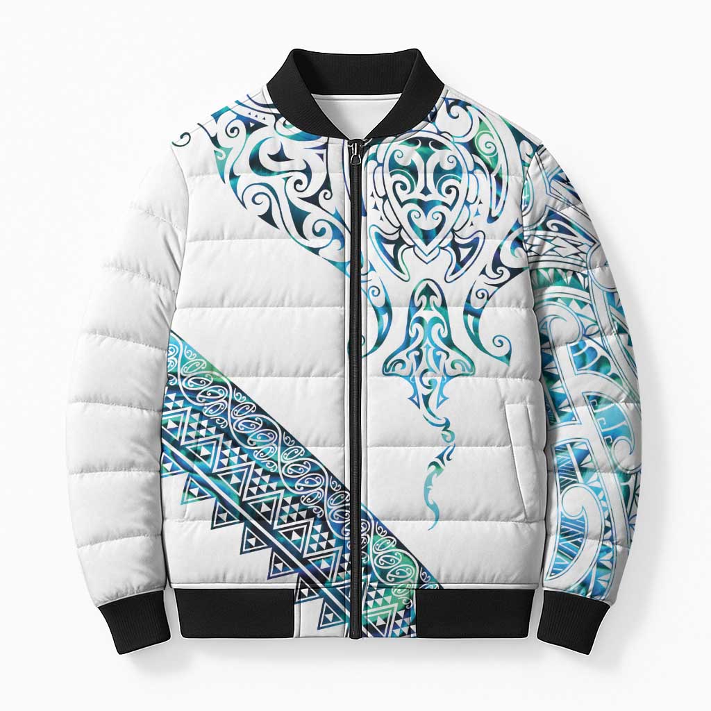 Kahui Whetu Paua shell Kowhaiwhai Taniko Personalised Bomber Puffer Jacket Manta Ray Shark-Turtle Maori Tribal Style LT9 Unisex Blue - Polynesian Pride