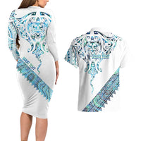 Kahui Whetu Paua shell Kowhaiwhai Taniko Personalised Couples Matching Long Sleeve Bodycon Dress and Hawaiian Shirt Manta Ray Shark-Turtle Maori Tribal Style LT9 - Polynesian Pride