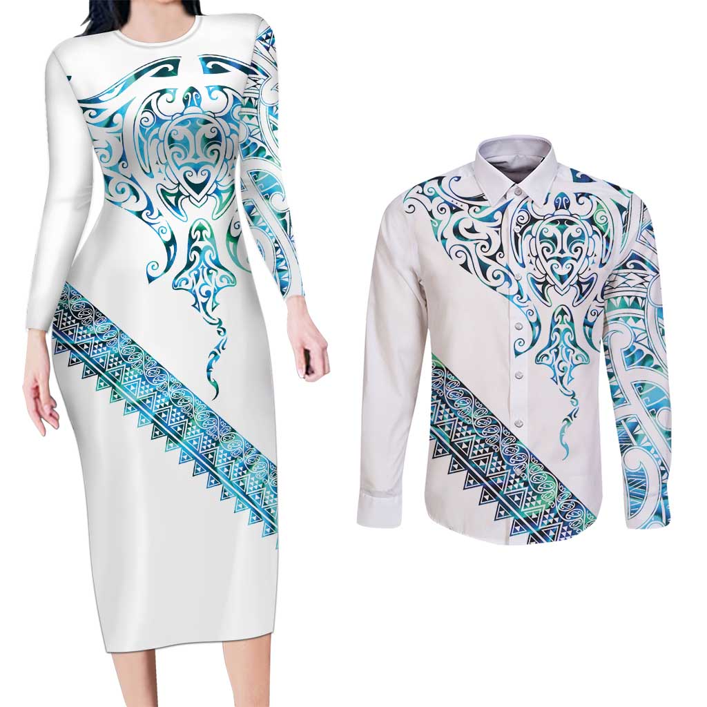 Kahui Whetu Paua shell Kowhaiwhai Taniko Personalised Couples Matching Long Sleeve Bodycon Dress and Long Sleeve Button Shirt Manta Ray Shark-Turtle Maori Tribal Style LT9 Blue - Polynesian Pride