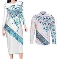 Kahui Whetu Paua shell Kowhaiwhai Taniko Personalised Couples Matching Long Sleeve Bodycon Dress and Long Sleeve Button Shirt Manta Ray Shark-Turtle Maori Tribal Style LT9 Blue - Polynesian Pride