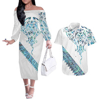 Kahui Whetu Paua shell Kowhaiwhai Taniko Personalised Couples Matching Off The Shoulder Long Sleeve Dress and Hawaiian Shirt Manta Ray Shark-Turtle Maori Tribal Style LT9 Blue - Polynesian Pride