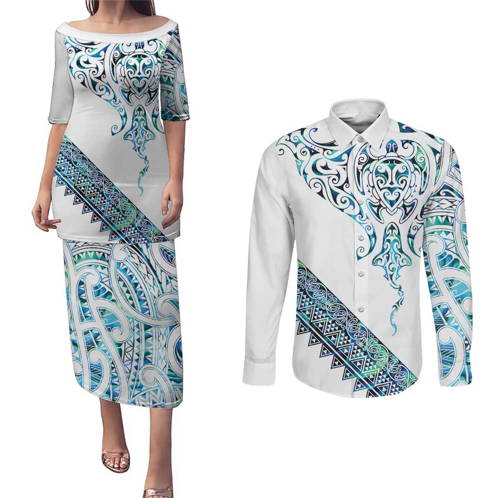 Kahui Whetu Paua shell Kowhaiwhai Taniko Personalised Couples Matching Puletasi and Long Sleeve Button Shirt Manta Ray Shark-Turtle Maori Tribal Style LT9 Blue - Polynesian Pride