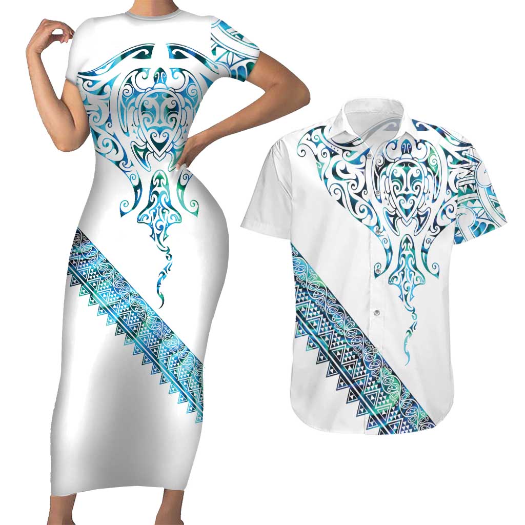 Kahui Whetu Paua shell Kowhaiwhai Taniko Personalised Couples Matching Short Sleeve Bodycon Dress and Hawaiian Shirt Manta Ray Shark-Turtle Maori Tribal Style